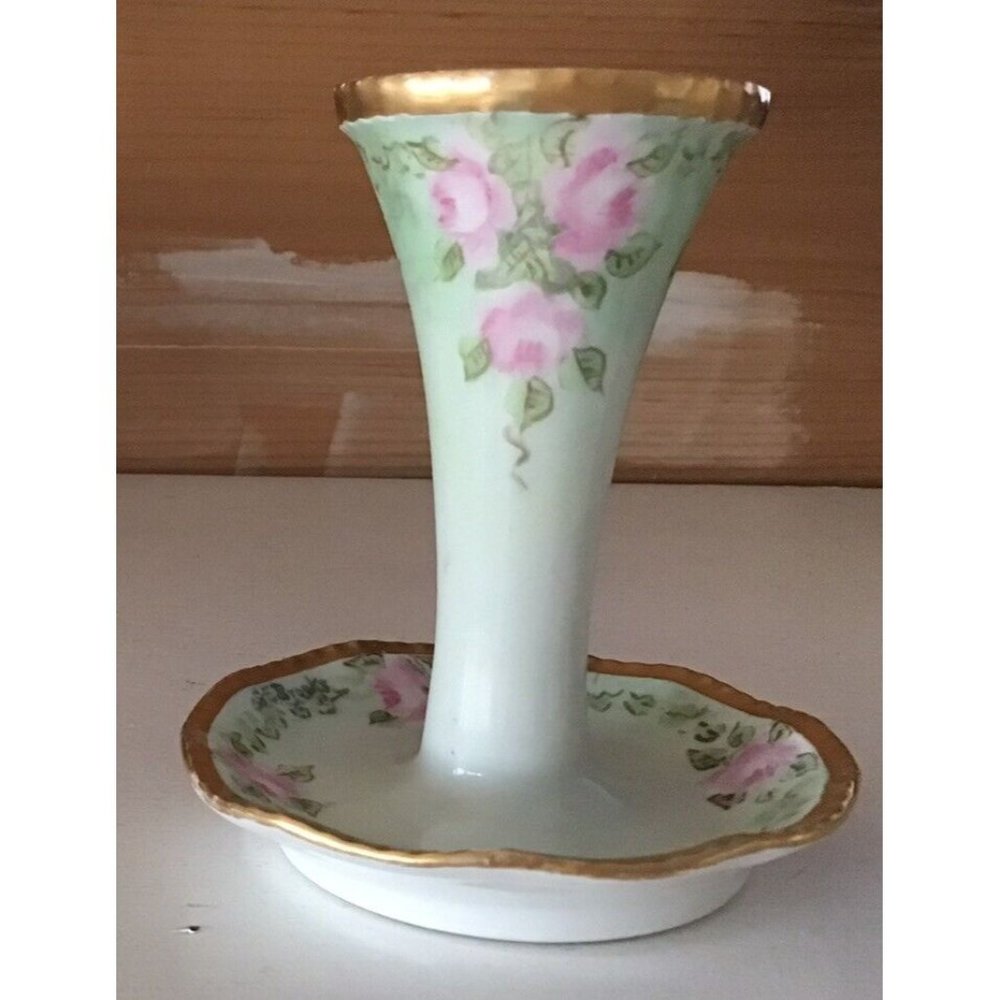Antique Limoges Porcelain Hat Pin Holder Hand Painted Pink Flowers